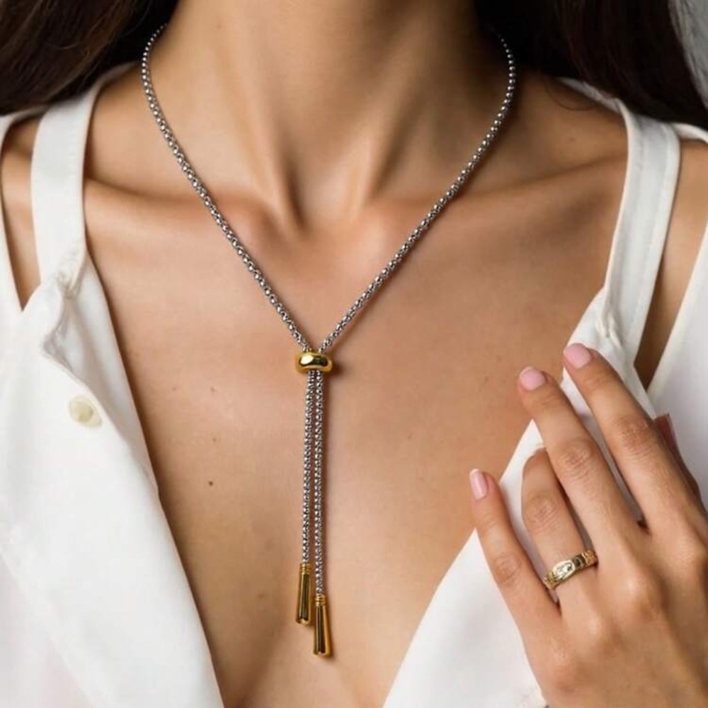 Elegant Two-Tone Slider Lariat Necklace - Gold & Silver